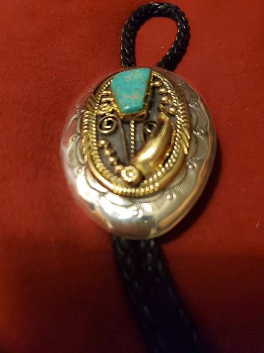 14kt & Sterling Silver Navajo handmade vintage  bolo tie