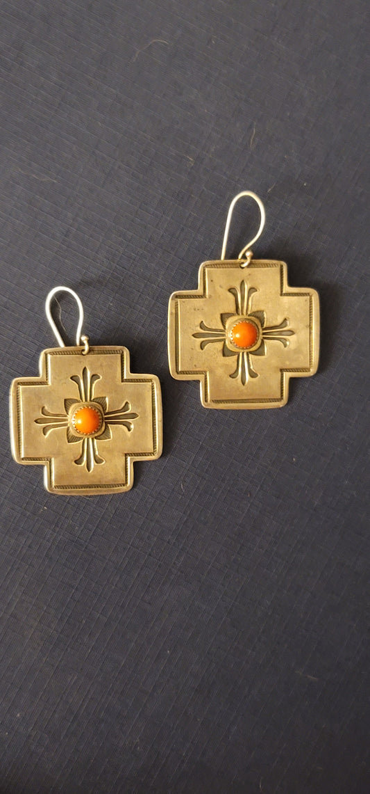 Vintage KEE NATAANI Coral Earrings 1980's Sterling Silver Cross
