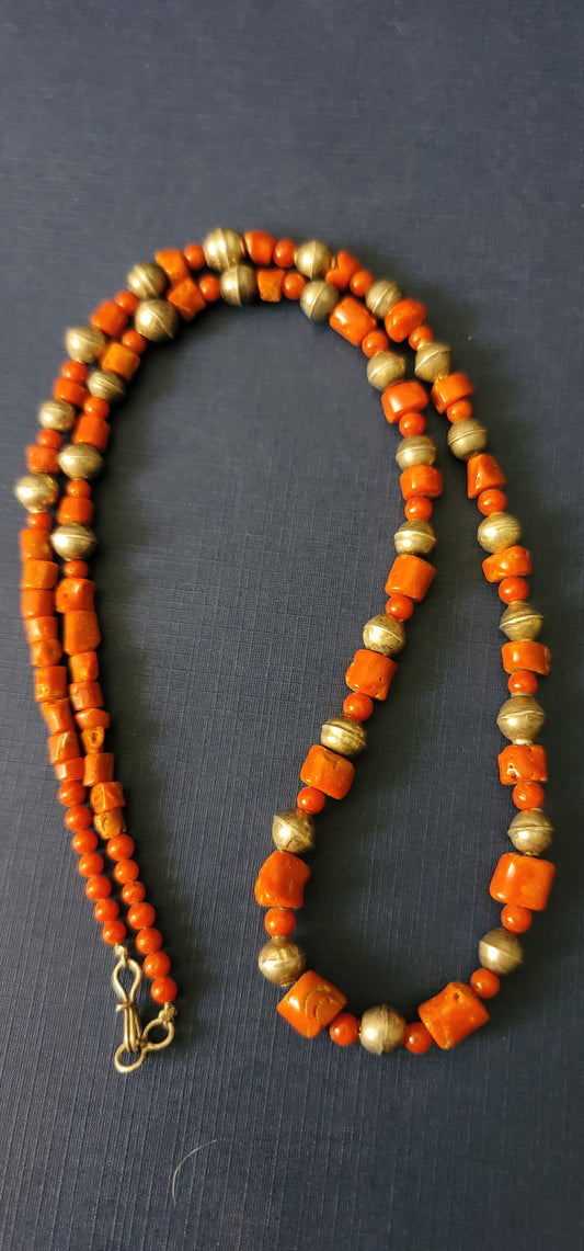 Vintage Coral & Silver beaded necklace 22" Navajo handmade